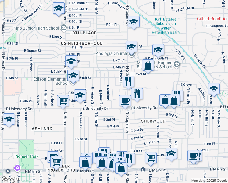map of restaurants, bars, coffee shops, grocery stores, and more near 520 North Stapley Drive in Mesa