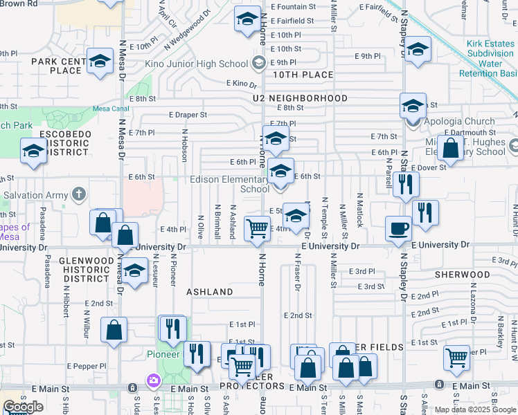 map of restaurants, bars, coffee shops, grocery stores, and more near 514 North Horne in Mesa