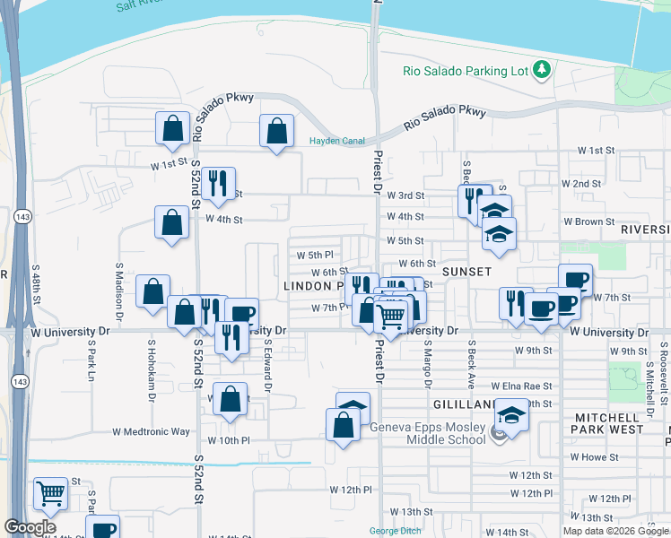 map of restaurants, bars, coffee shops, grocery stores, and more near 1506 West 6th Street in Tempe