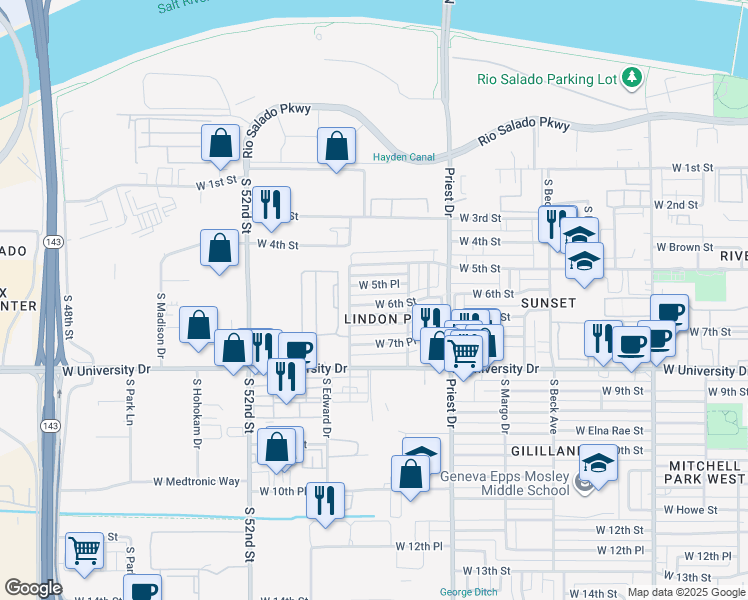 map of restaurants, bars, coffee shops, grocery stores, and more near 1538 West 6th Street in Tempe