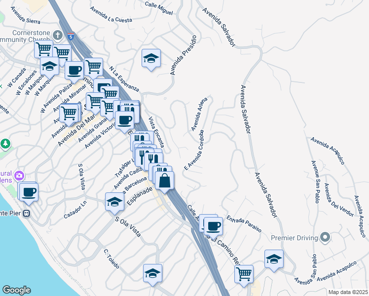 map of restaurants, bars, coffee shops, grocery stores, and more near 214 Via Robina in San Clemente