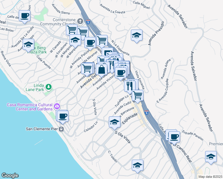 map of restaurants, bars, coffee shops, grocery stores, and more near 203 Avenida Monterey in San Clemente