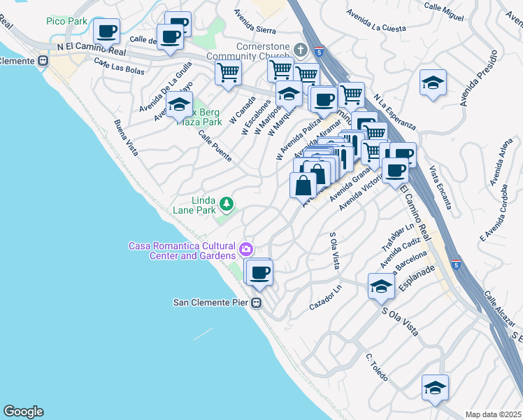 map of restaurants, bars, coffee shops, grocery stores, and more near 313 Encino Lane in San Clemente