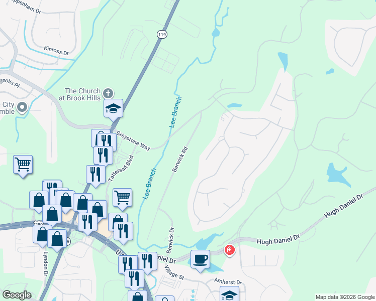 map of restaurants, bars, coffee shops, grocery stores, and more near 1139 Berwick Road in Birmingham