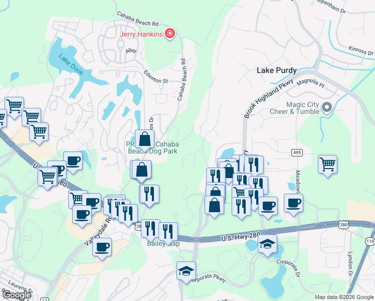 map of restaurants, bars, coffee shops, grocery stores, and more near 4020 Eagle Ridge Court in Birmingham