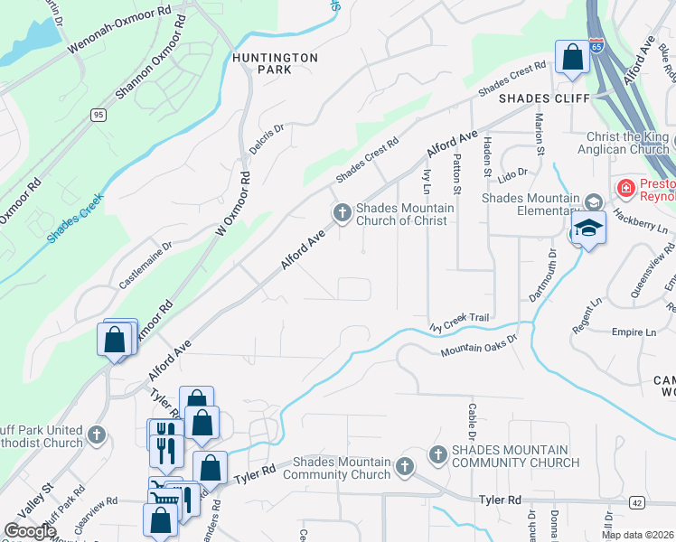 map of restaurants, bars, coffee shops, grocery stores, and more near 2284 Larkspur Drive in Birmingham