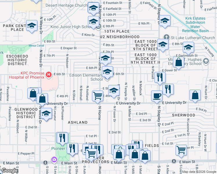 map of restaurants, bars, coffee shops, grocery stores, and more near 4 East 5th Street in Mesa