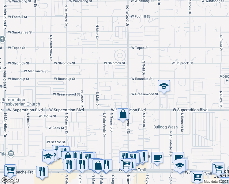 map of restaurants, bars, coffee shops, grocery stores, and more near 1781 West Mockingbird Street in Apache Junction