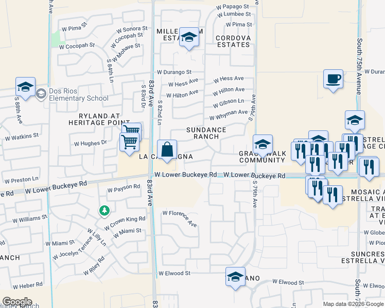 map of restaurants, bars, coffee shops, grocery stores, and more near 8121 West Magnolia Street in Phoenix