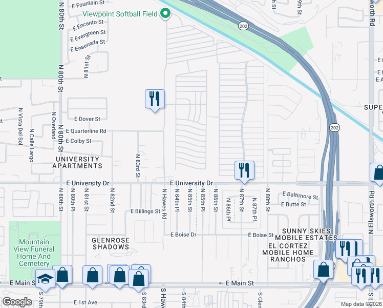 map of restaurants, bars, coffee shops, grocery stores, and more near Ln 3400 in Mesa