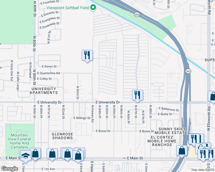 map of restaurants, bars, coffee shops, grocery stores, and more near Ln 3400 in Mesa