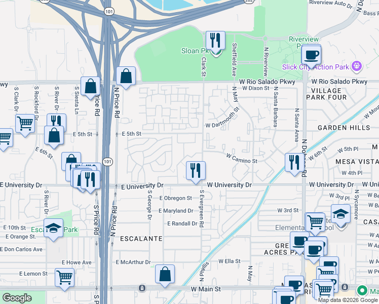 map of restaurants, bars, coffee shops, grocery stores, and more near 538 South Evergreen Road in Tempe