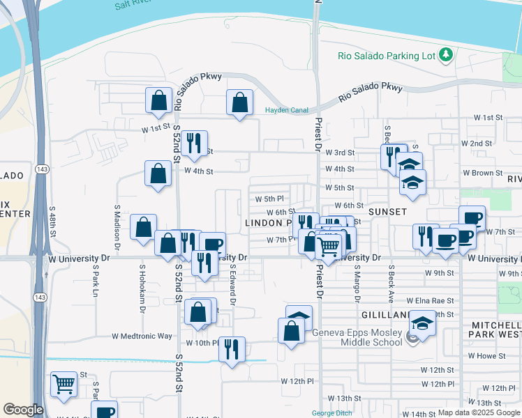 map of restaurants, bars, coffee shops, grocery stores, and more near 1538 West 6th Street in Tempe