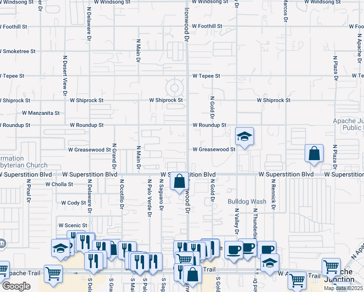 map of restaurants, bars, coffee shops, grocery stores, and more near 1639 West Mockingbird Street in Apache Junction