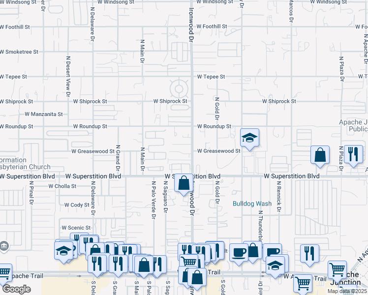 map of restaurants, bars, coffee shops, grocery stores, and more near 1657 West Mockingbird Street in Apache Junction