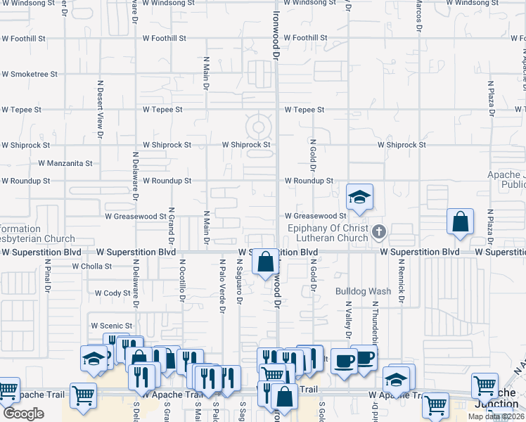 map of restaurants, bars, coffee shops, grocery stores, and more near 1673 West Mockingbird Street in Apache Junction