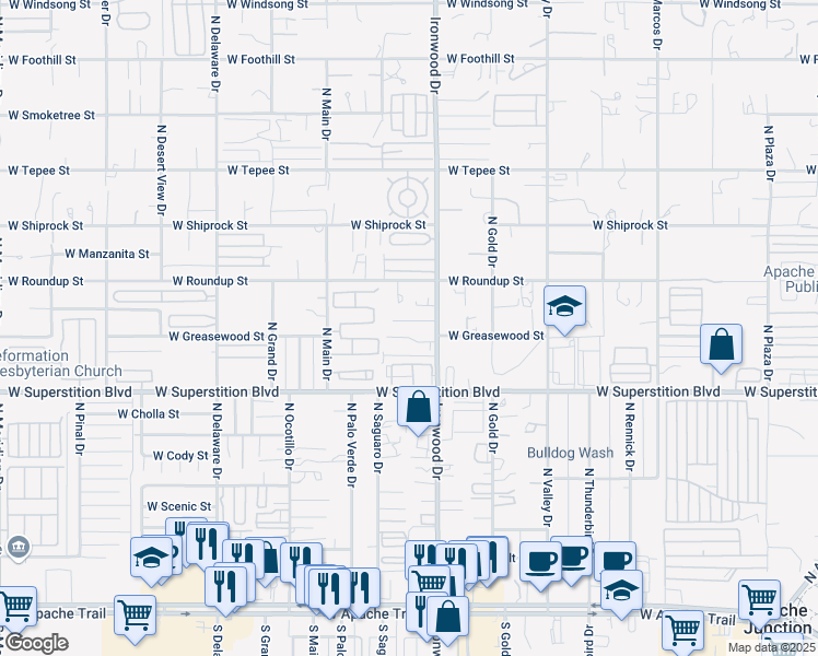 map of restaurants, bars, coffee shops, grocery stores, and more near 1705 West Mockingbird Street in Apache Junction