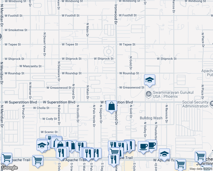 map of restaurants, bars, coffee shops, grocery stores, and more near 1743 West Mockingbird Street in Apache Junction