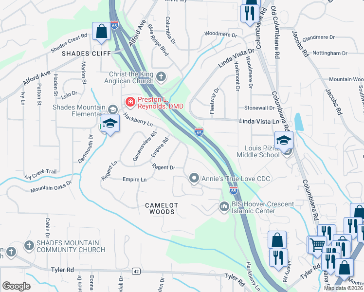 map of restaurants, bars, coffee shops, grocery stores, and more near 2301 Royal Knoll Lane in Birmingham