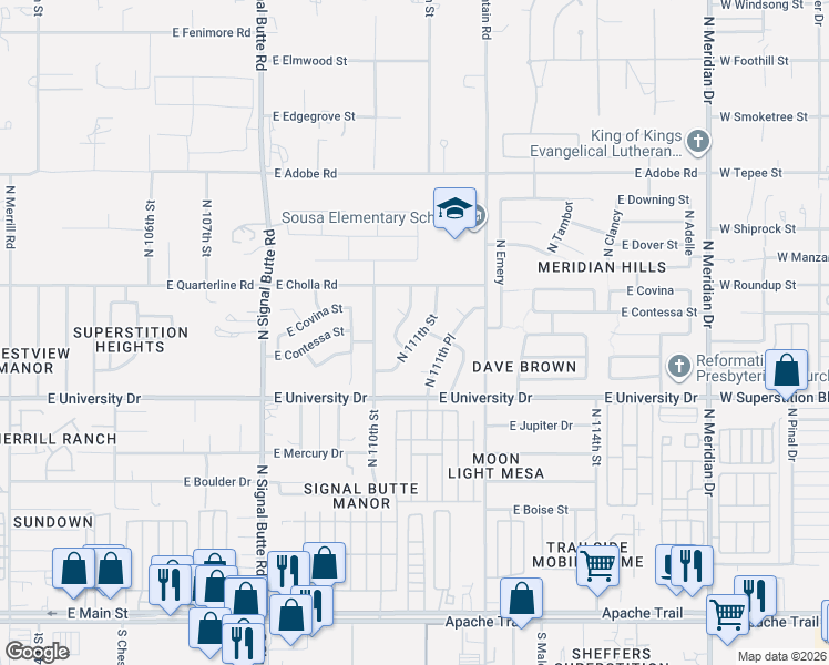 map of restaurants, bars, coffee shops, grocery stores, and more near 521 North 110th Place in Mesa