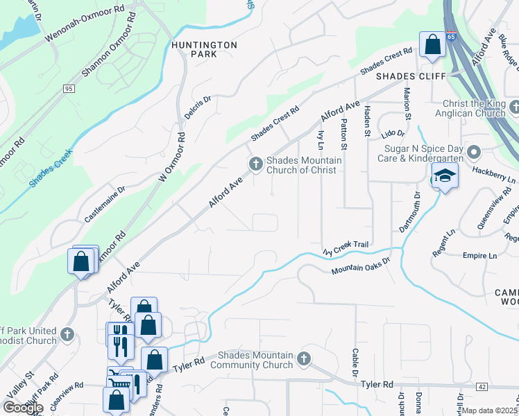 map of restaurants, bars, coffee shops, grocery stores, and more near 2284 Larkspur Drive in Birmingham