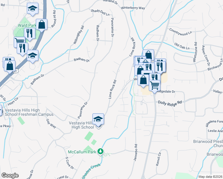 map of restaurants, bars, coffee shops, grocery stores, and more near 2283 Lime Rock Road in Vestavia Hills