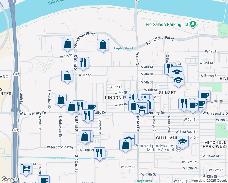 map of restaurants, bars, coffee shops, grocery stores, and more near 1538 West 6th Street in Tempe