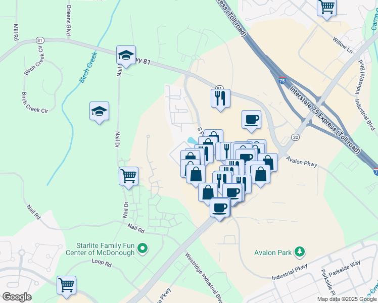 map of restaurants, bars, coffee shops, grocery stores, and more near 118 South Point Boulevard in McDonough