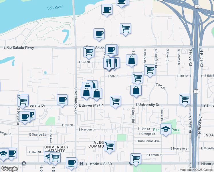 map of restaurants, bars, coffee shops, grocery stores, and more near 623 South Perry Lane in Tempe