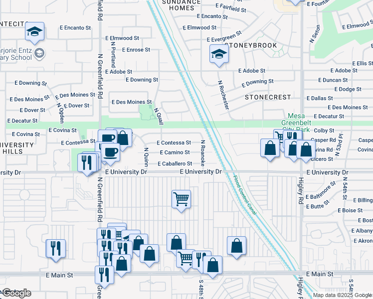 map of restaurants, bars, coffee shops, grocery stores, and more near 4728 East Camino Street in Mesa