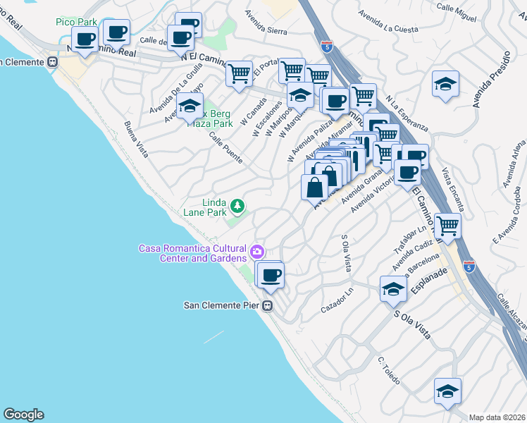 map of restaurants, bars, coffee shops, grocery stores, and more near in San Clemente