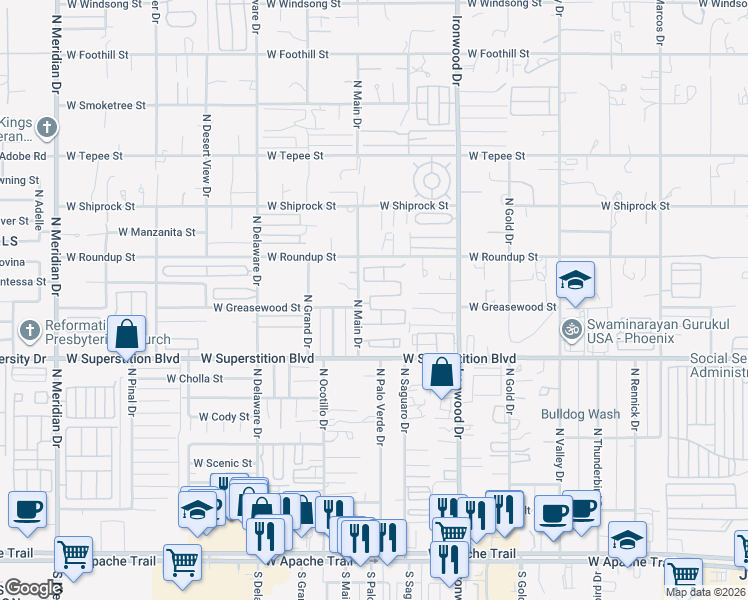 map of restaurants, bars, coffee shops, grocery stores, and more near 1941 North Stagecoach Road in Apache Junction
