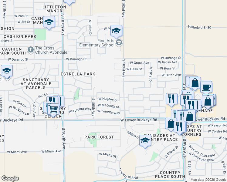 map of restaurants, bars, coffee shops, grocery stores, and more near 10334 West Hammond Lane in Tolleson