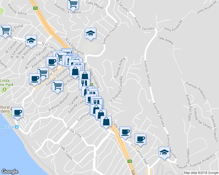 map of restaurants, bars, coffee shops, grocery stores, and more near Via Robina in San Clemente