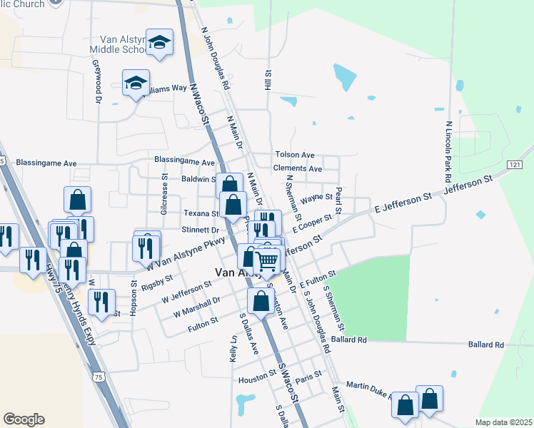 map of restaurants, bars, coffee shops, grocery stores, and more near 330 East Van Alstyne Parkway in Van Alstyne