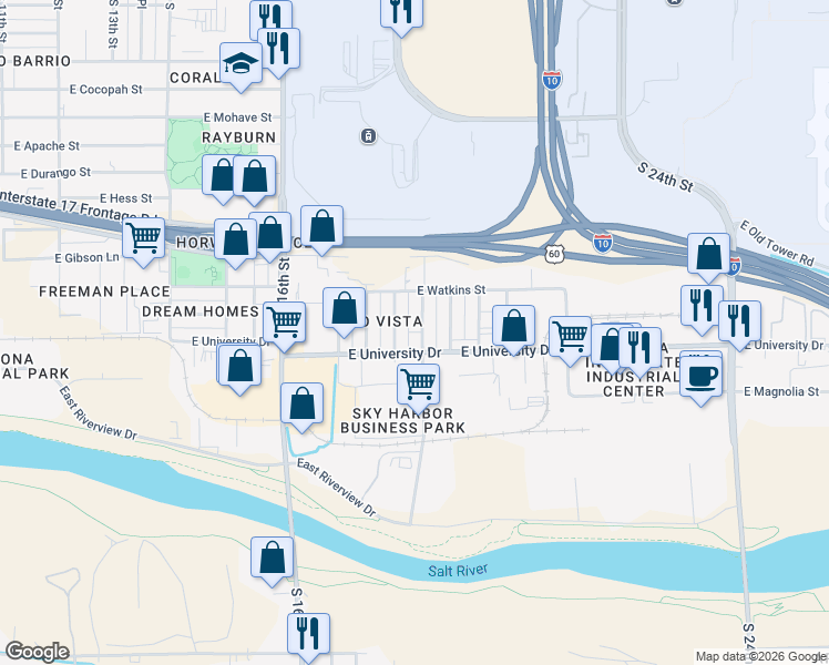 map of restaurants, bars, coffee shops, grocery stores, and more near 2434 South 18th Place in Phoenix