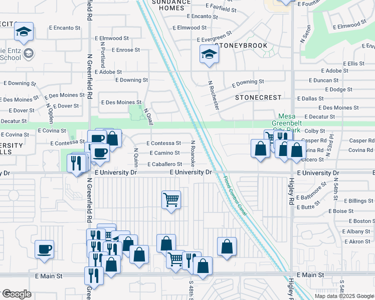 map of restaurants, bars, coffee shops, grocery stores, and more near 4750 East Camino Street in Mesa