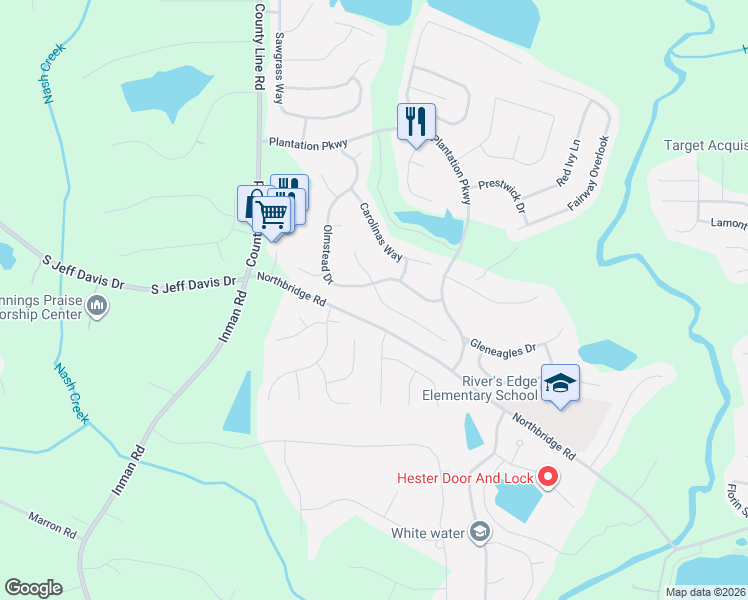 map of restaurants, bars, coffee shops, grocery stores, and more near 136 Championship Court in Fayetteville
