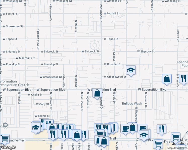 map of restaurants, bars, coffee shops, grocery stores, and more near 1727 West Mockingbird Street in Apache Junction
