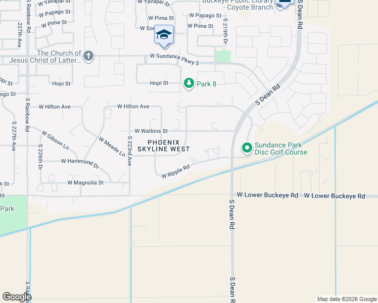map of restaurants, bars, coffee shops, grocery stores, and more near 2411 South 221st Avenue in Buckeye