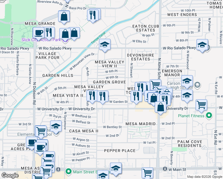 map of restaurants, bars, coffee shops, grocery stores, and more near 1503 West 5th Street in Mesa