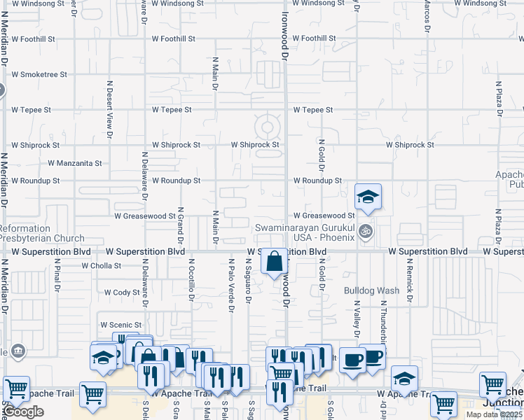 map of restaurants, bars, coffee shops, grocery stores, and more near 1743 West Mockingbird Street in Apache Junction