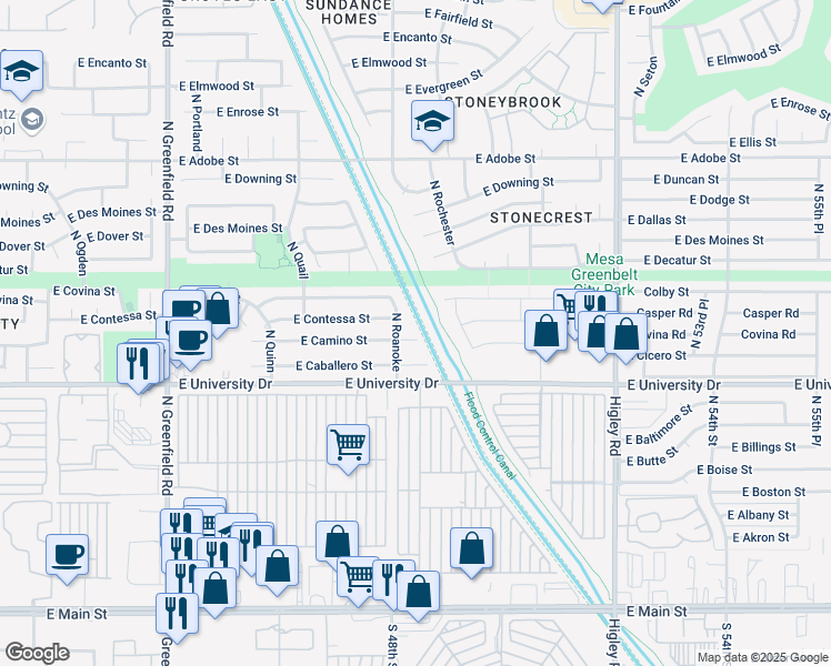 map of restaurants, bars, coffee shops, grocery stores, and more near 4802 East Camino Circle in Mesa