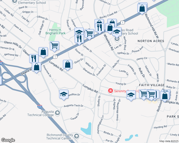 map of restaurants, bars, coffee shops, grocery stores, and more near 2527 Sheraton Drive in Augusta