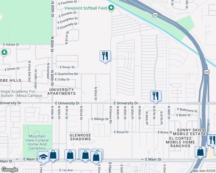 map of restaurants, bars, coffee shops, grocery stores, and more near 464 North Hawes Road in Mesa