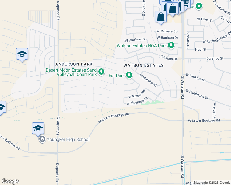 map of restaurants, bars, coffee shops, grocery stores, and more near 2404 South 238th Lane in Buckeye