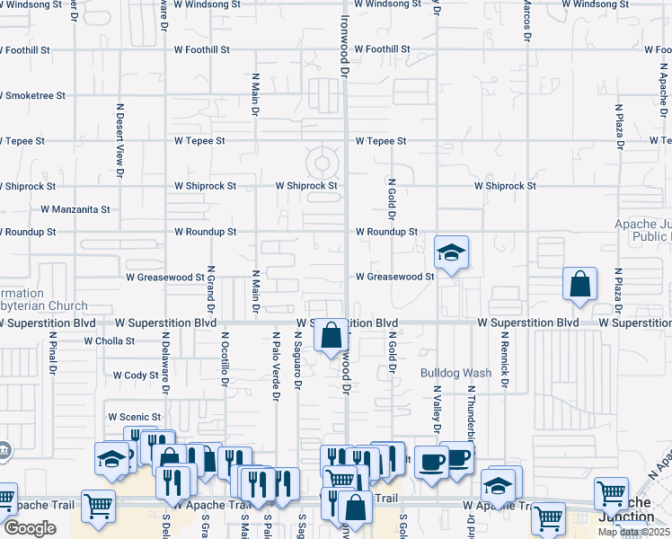 map of restaurants, bars, coffee shops, grocery stores, and more near 1639 West Mockingbird Street in Apache Junction