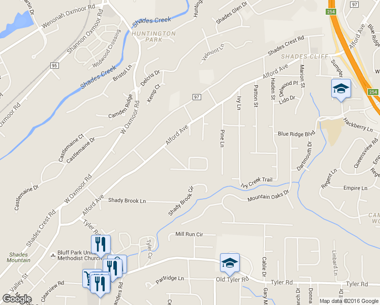 map of restaurants, bars, coffee shops, grocery stores, and more near 2284 Larkspur Drive in Birmingham