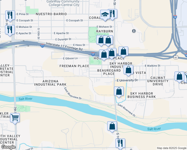 map of restaurants, bars, coffee shops, grocery stores, and more near 1416 East University Drive in Phoenix