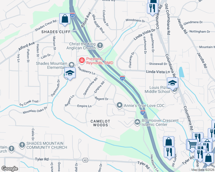 map of restaurants, bars, coffee shops, grocery stores, and more near 2301 Royal Knoll Lane in Birmingham